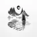 moonknight on his knees with cape, in front of a forest, in front of a pond with reflection tattoo design idea