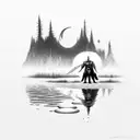 moonknight on his knees with cape, in front of a forest, in front of a pond with reflection tattoo design idea