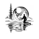 moon knight on his knees praying in a forest in front of a pond  tattoo design idea