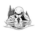 moon knight on his knees praying in a forest in front of a pond  tattoo design idea