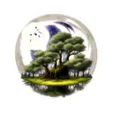 Moon Knight, overcasting on a forest, with the moon in the sky reflecting on a pond tattoo design idea