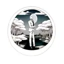 Moon Knight, overcasting on a forest, with the moon in the sky reflecting on a pond tattoo design idea
