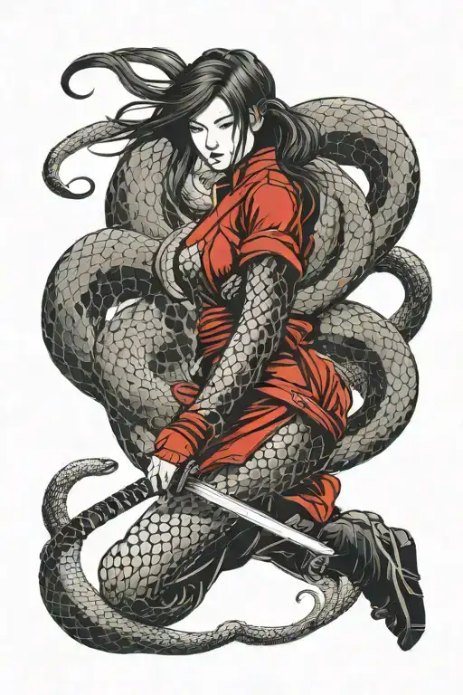 red samourai woman with a katana, background a snake wrapped loosely it is black and grey. the snake is drawing thin tattoo design idea