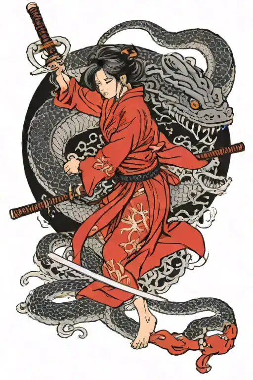 red samourai woman with a katana, background a snake wrapped loosely it is black and grey. the snake is drawing thin tattoo design idea