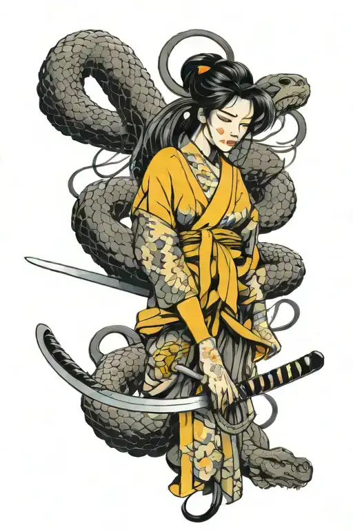samourai, woman, background snake wrapped loosely black and grey, thin line, katana tattoo design idea