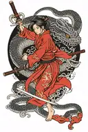 red samourai woman with a katana, background a snake wrapped loosely it is black and grey. the snake is drawing thin tattoo design idea