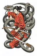 red samourai woman with a katana, background a snake wrapped loosely it is black and grey. the snake is drawing thin tattoo design idea