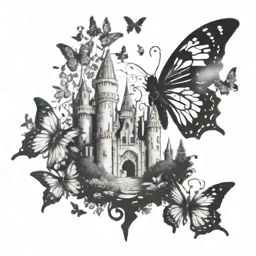 A castle silhouette with a butterfly garden surrounding it, each butterfly representing a different book genre tattoo design idea