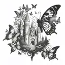 A castle silhouette with a butterfly garden surrounding it, each butterfly representing a different book genre tattoo design idea