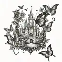 A castle silhouette with a butterfly garden surrounding it, each butterfly representing a different book genre tattoo design idea