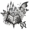 A castle silhouette with a butterfly garden surrounding it, each butterfly representing a different book genre tattoo design idea
