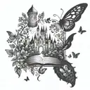 A castle silhouette with a butterfly garden surrounding it, each butterfly representing a different book genre tattoo design idea