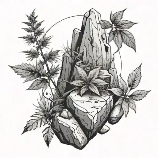 A weed plant growing out of a rock formation, surrounded by nature elements tattoo design idea