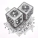 two dice, without the black spots, being rolled onto a hard surface.  From a side, nearby perspective.  tattoo design idea