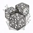 two dice, without the black spots, being rolled onto a hard surface.  From a side, nearby perspective.  tattoo design idea