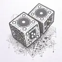 two dice, without the black spots, being rolled onto a hard surface.  From a side, nearby perspective.  tattoo design idea