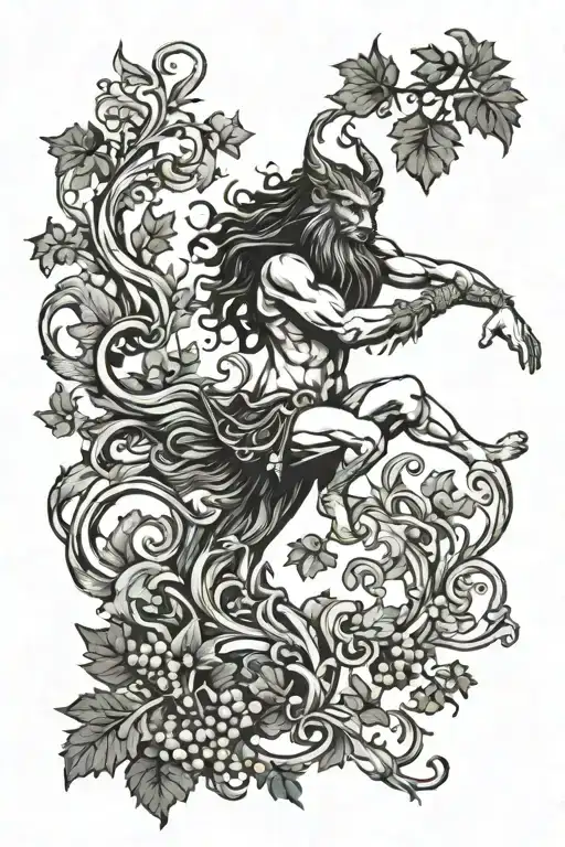 Dancing athletic Satyr with long hair, accompanied by a Phoenix, cats, vines, grapes and flowers  tattoo design idea