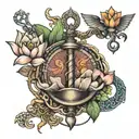 caduceus, scales, lotus, snitch tattoo design idea