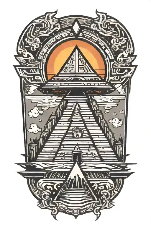 ufo abducting humans over pyramids tattoo design idea