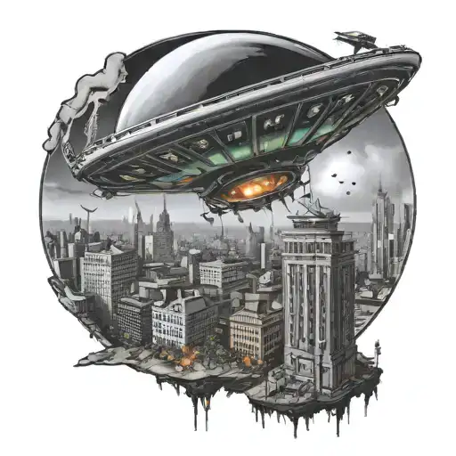 A realistic portrayal of an alien invasion scene from a horror movie, with a UFO hovering menacingly over a cityscape tattoo design idea