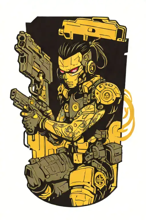 A new-school interpretation of a cyberpunk video game character wielding futuristic firearms tattoo design idea