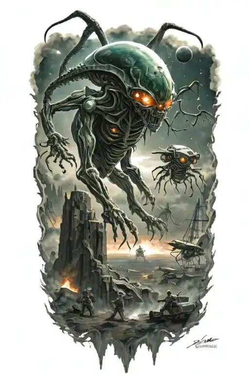 A realistic depiction of an alien invasion scene from a horror movie, incorporating elements of cosmology and advanced technology tattoo design idea