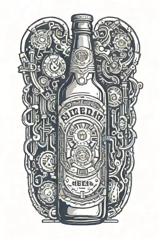 A neotraditional design of a beer bottle morphing into a futuristic technology device tattoo design idea