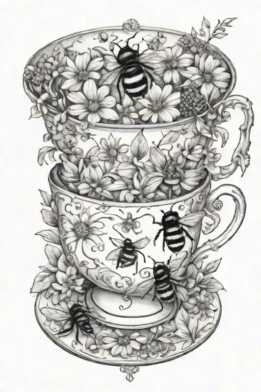 teacup with bumblebees and wildflowers growing tattoo design idea