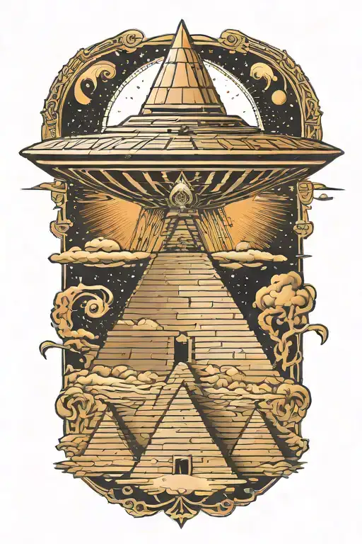 ufo abducting humans over pyramids tattoo design idea