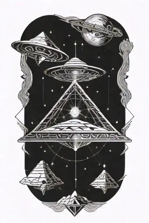 ufo abducting humans over pyramids tattoo design idea