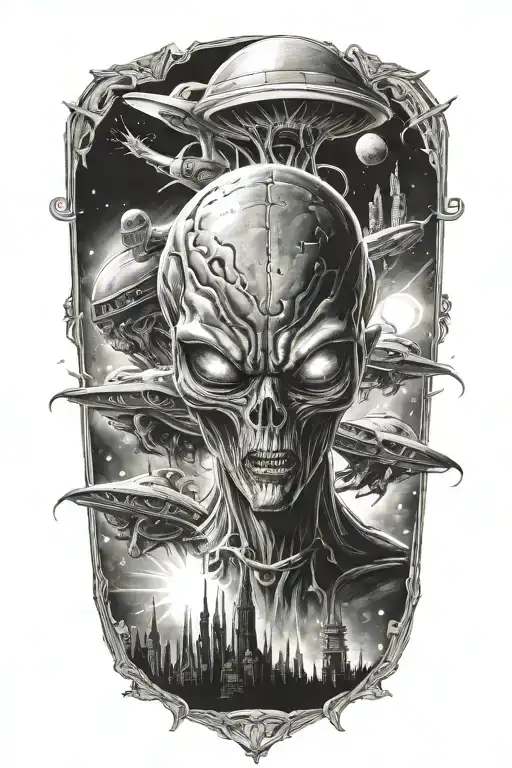 A realistic depiction of an alien invasion scene from a horror movie, incorporating elements of cosmology and advanced technology tattoo design idea