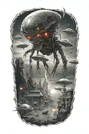 A realistic depiction of an alien invasion scene from a horror movie, incorporating elements of cosmology and advanced technology tattoo design idea