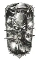 A realistic depiction of an alien invasion scene from a horror movie, incorporating elements of cosmology and advanced technology tattoo design idea