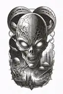 A realistic depiction of an alien invasion scene from a horror movie, incorporating elements of cosmology and advanced technology tattoo design idea