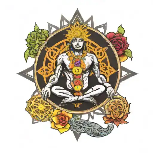 Six chakras yoga on a black colored shied with two swords crossed  tattoo design idea