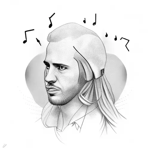 A black and grey portrait of a famous Formula 1 driver with musical notes incorporated in the background tattoo design idea