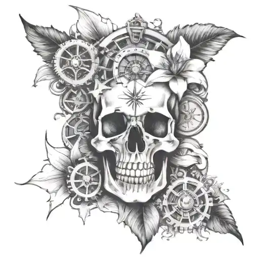skull, lilies, gears, compass tattoo design idea