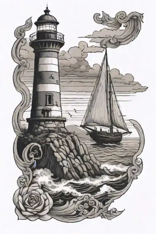 A serene lighthouse overlooking the sea with a sailing ship in the background tattoo design idea