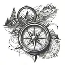 A detailed compass surrounded by hiking trails and mountain peaks tattoo design idea