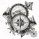 A detailed compass surrounded by hiking trails and mountain peaks tattoo design idea