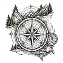 A detailed compass surrounded by hiking trails and mountain peaks tattoo design idea