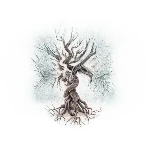 full sleeve dead tree with trailing roots tattoo design idea