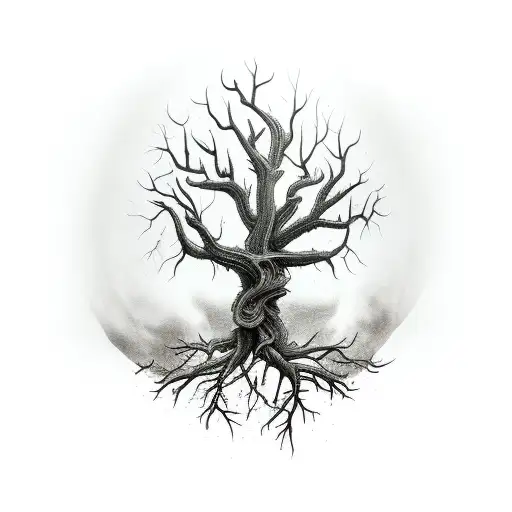full sleeve dead tree with trailing roots tattoo design idea