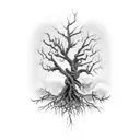 full sleeve dead tree with trailing roots tattoo design idea