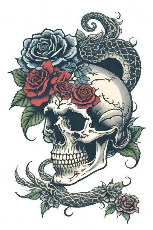 Skull and viper and roses tattoo design idea