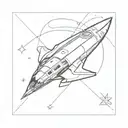 A minimalist tattoo design of a Mass Effect inspired spaceship flying through a cosmic nebula tattoo design idea