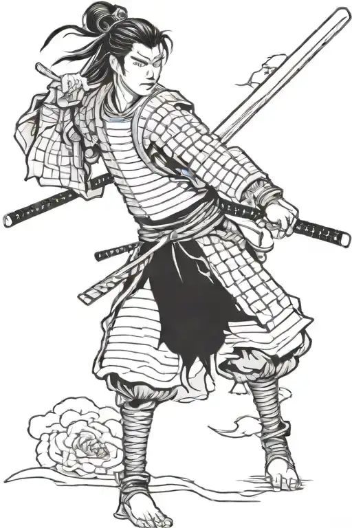 Samurai, katana drawn, expression of calm and determination, details of armor, symbolizes honor and bravery tattoo design idea