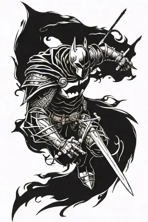 Dark knight, detailed armor, sword shrouded in shadows, defiant stance, mystical appearance and elegant sword tattoo design idea