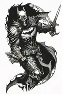 Dark knight, detailed armor, sword shrouded in shadows, defiant stance, mystical appearance and elegant sword tattoo design idea