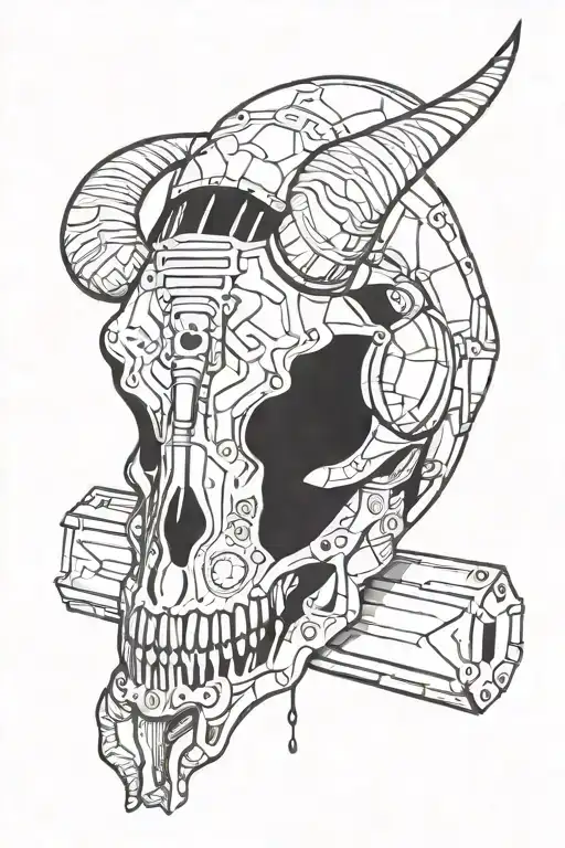 Incorporate a water buffalo skull with construction equipment in a blackwork design tattoo design idea